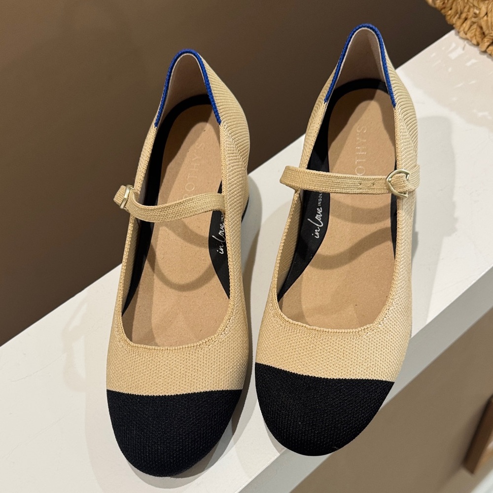 Rothy's Beige and Black Mary Jane with block heel